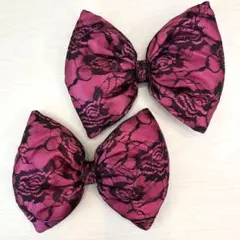 濃いピンク✖️黒花柄レース　リボン　盛り髪　体育祭