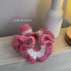 シュシュ ピンク 白 編み物 ハンドメイド