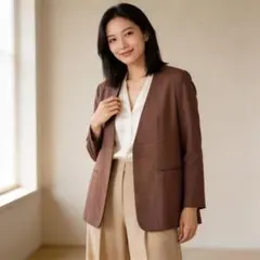 《新品》Plage 麻シャツジャケット ノーカラー リネン混 茶色 日本製 Sのサムネイル