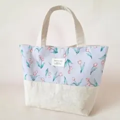 ナチュラルなチューリップ柄　ミニトートバッグ　ランチバッグ　ハンドメイド