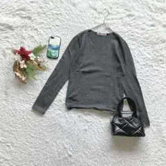 リブニット セーター 長袖 Vネック M シンプル レーヨン混 カジュアル 春