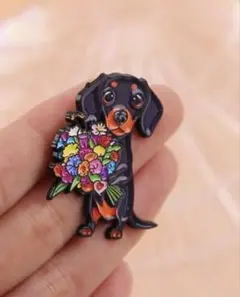 新品　ダックスフンド 花束 ブローチ