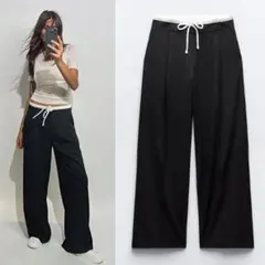 美品　ZARA WIDE-LEGパンツ ダブルウエストバンド　Sサイズ　ブラック