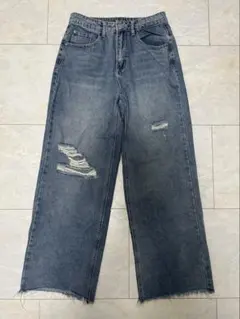 SHEINダメージ加工ダークブルーワイドレッグデニム