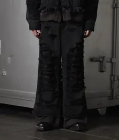 GRANCY スウェットドッキングデザインダメージバギーデニムパンツ ブラックS