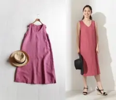 120%LINO Vネックノースリーブワンピース　リネンワンピ　ピンク　ロングのサムネイル