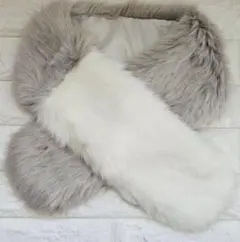 未使用 タグ付 フェイクファー マフラー 襟巻 ティペット 白×グレー