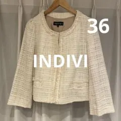 インディヴィ　ノーカラージャケット　ツイード　セレモニー　ベージュ　36 S