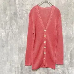 美品オレンジピンク Vネック ニットカーディガンレディース日本製オシャレ秋冬