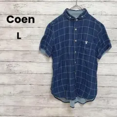 【コーエン】チェックシャツ　丸襟（L）ユニセックス　ダブルガーゼ　ブルー