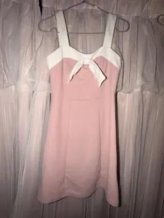 ピンク ホワイトリボン ノースリーブワンピース