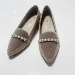 新品 24cm パンプス ベージュ ブラウン パール ローファー ファー