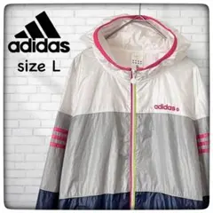 adidas 白×グレー×ネイビー×ピンク フード付ブルゾン L 【古着】