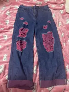 ダメージ加工 ダークブルー&ピンクデニムパンツ