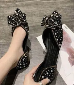 パール装飾リボン付き黒フラットシューズ　25㎝