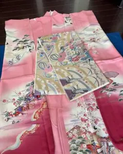 振袖&帯2点セットピンク系 正絹 正統派古典柄 花柄