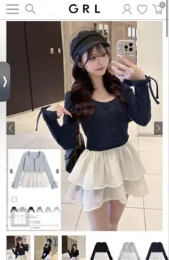 リボンカーディガン×フリルドッキングキャミソールアンサンブル[gn571]