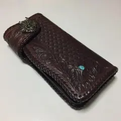 本物ターコイズ入り‼ 新品‼ 牛革 デビル カービング バイカーズウォレット