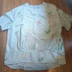 野菜刺繍 半袖ブラウス リネン風ライトグレー