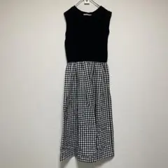 【KBF】ノースリーブ　ブラック　ホワイト　チェック　ロングワンピース