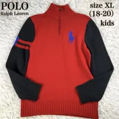 【キッズ】ポロラルフローレン　ハーフジップニット　XL　赤/黒　ビッグポニー刺繍
