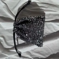 スパンコール シルバー　巾着バッグ 約15cm x 15cm
