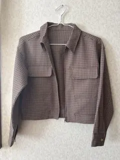 ブラウン チェック柄 クロップドジャケット