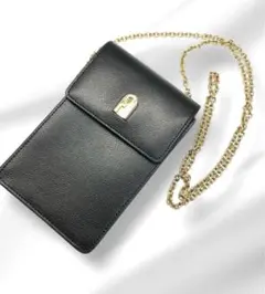 フルラ　ブラックレザー スマホショルダーバッグ ゴールドチェーン