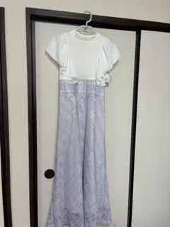 ダブルフリル袖チェックレースドッキングワンピース