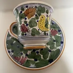イタリア・デルータの伝統工芸（マヨリカ焼）花柄スープカップ アンティーク イタリア製 輸入雑貨 花瓶 マヨルカ焼き デルータ Deruta ドラゴン