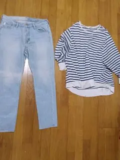 デニムパンツ ボーダー長袖カットソー 2点セット