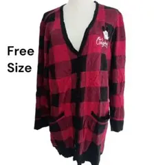 【美品】オシャレDisney赤黒チェックカーディガンFree Size秋冬厚手