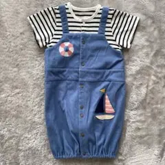 バースデイ　半袖デニム2wayオール コンビドレス　マリン柄　50-70cm