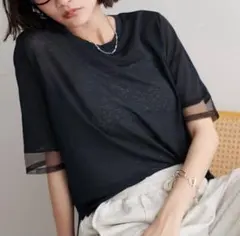 ディスコート シアー袖切替5分袖Tシャツ ブラック トップス