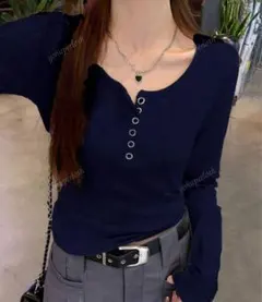 SHEIN 無地ニットインナートップ 秋向け　Lサイズ　ネイビーブルー