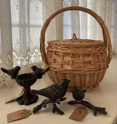 フレンチカントリー雑貨4点まとめ売り　蓋&ハンドル付きバスケット　アイアンバード
