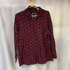 ワインレッド葉柄ニット長袖トップスフリーサイズ