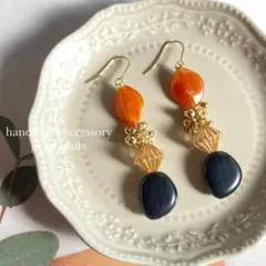 【No.226】ハンドメイドピアスイヤリング、ロング、レトロ、オレンジブラウン