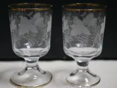 葡萄のエッチングガラス ヴィンテージミニグラス・ショットグラス２客セット