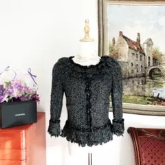 美品　CHANELシャネル フリンジトリム ラメツイード ノーカラー　ジャケット