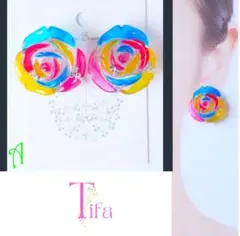 「レインボー薔薇」【イヤリング・ピアス交換可】ローズ 虹 大ぶり バラ 青赤黄