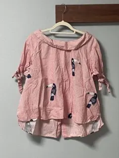 ZARA BASIC トゥカン柄 半袖シャツ　リボン　L 鳥柄 ストライプシャツ