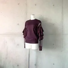 新品タグ付きラッフルフリルシースルー袖ニットプルオーバーワインレッドボルドー