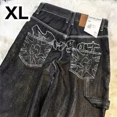 【新品】バギーデニムパンツ ワイドパンツ 黒 バック刺繍 ストリート 韓国 XL