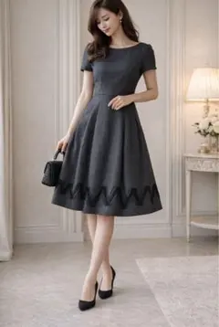 フォクシー　半袖ワンピース 40 グレー系　リボン装飾　膝丈