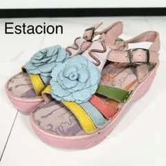 美品❗️Estacion 厚底　サンダル　バックストラップ　ピンク　花　レザー　Sのサムネイル