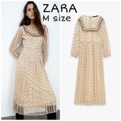 ZARA　コントラスト ボックスプリーツ ワンピース　Mサイズ　ピンクベージュ