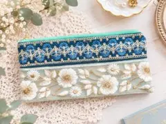 インド刺繍リボン ポーチ 筆箱 ペンケース フェイクレザー 小物入れ ベージュ