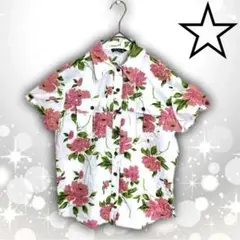 cha cha cha　ワイヤー襟　バラ柄　シャツ　ホワイト　Ｍ　総柄　半袖