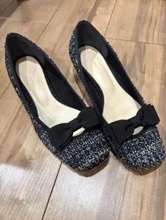 リボン付きツイードフラットシューズ